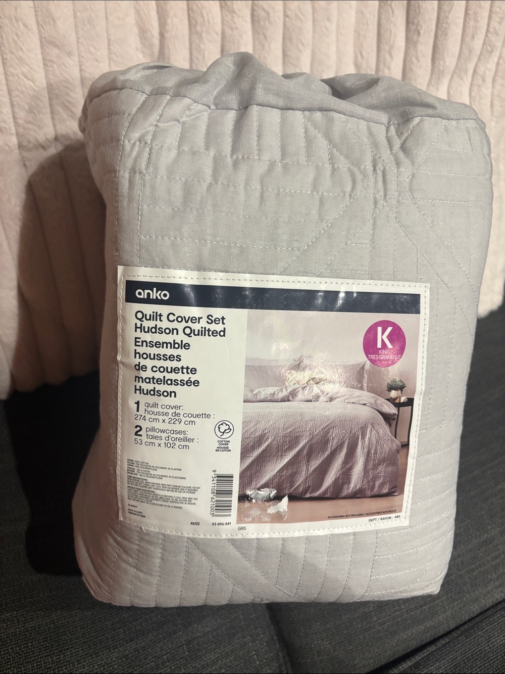BNWT Anko Hudson Quilted King Quilt Cover Set in Light Gray